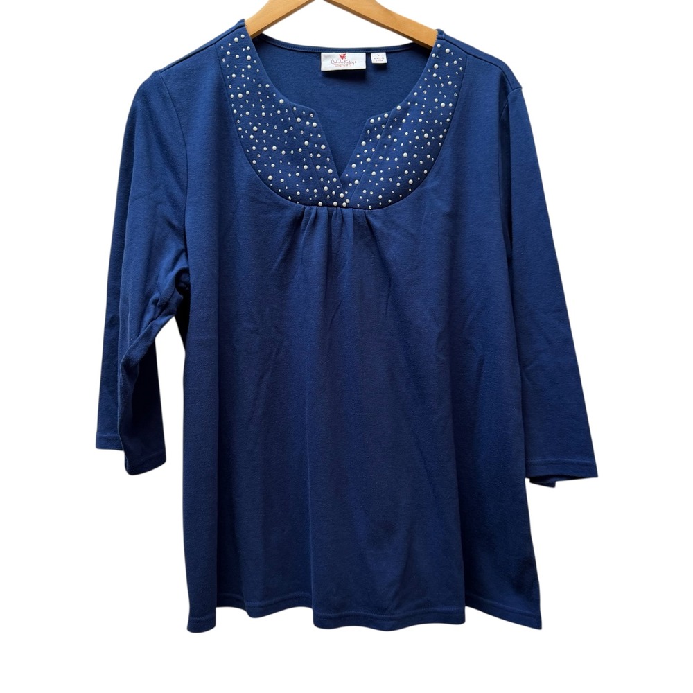 Quacker Factory ‎ Womens Blue Embellished 3/4 Sleeve Top Size L
